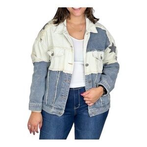 POL‎ Denim Look Up At The Stars Jean Jacket Relaxed Oversized Women Size Small